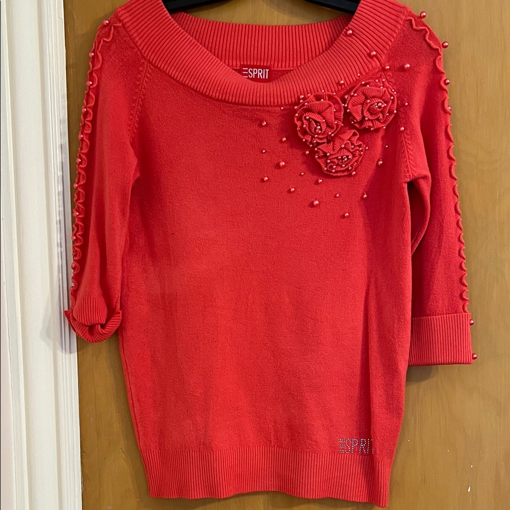 Esprit Red Sweater with Textured Floral Design